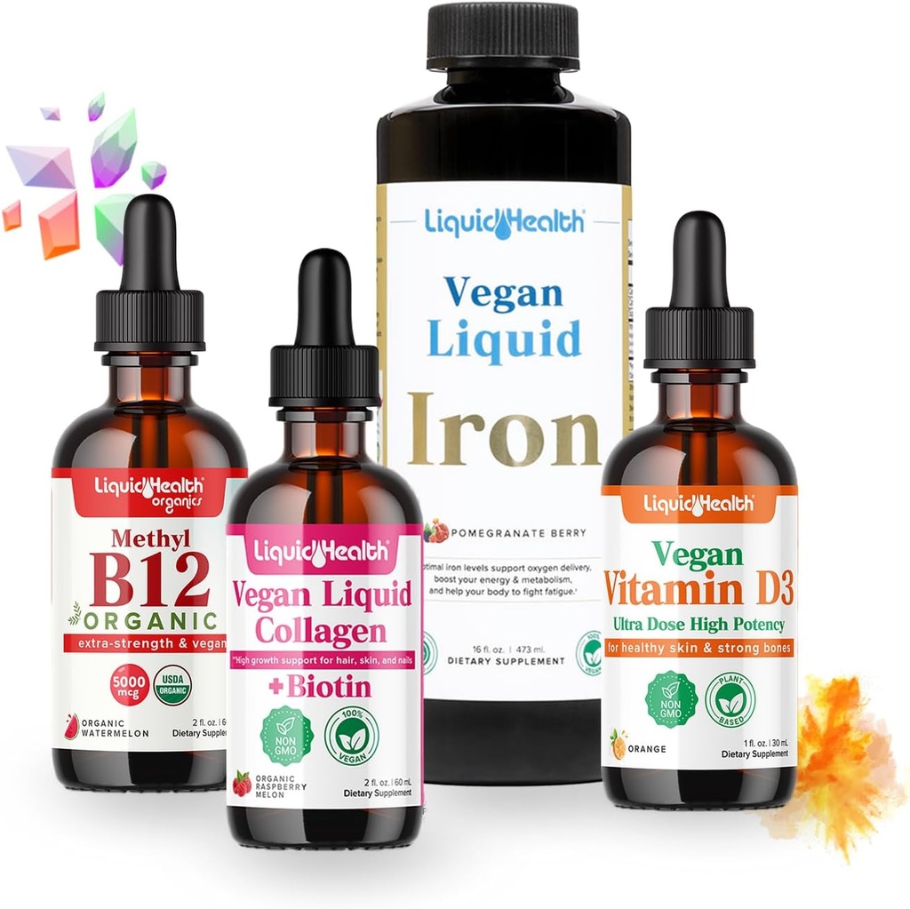 LIKVIDNÁ HEALTH Vegan Daily Essentials Vitamín Starter Kit with Organic Methyl B12 Drops, Vegan Liquid Collagen + Biotin, Liquid Iron, Vitamín D3 Drops - 100% Rastlinné vitamínové doplnky, vyrobené v USA