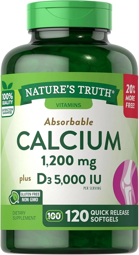 Prírodná pravda Absorbovateľný vápnik 1200 mg Plus D3 5000 IU za obsluhu Softgels - 120 ct, balenie 2 ks