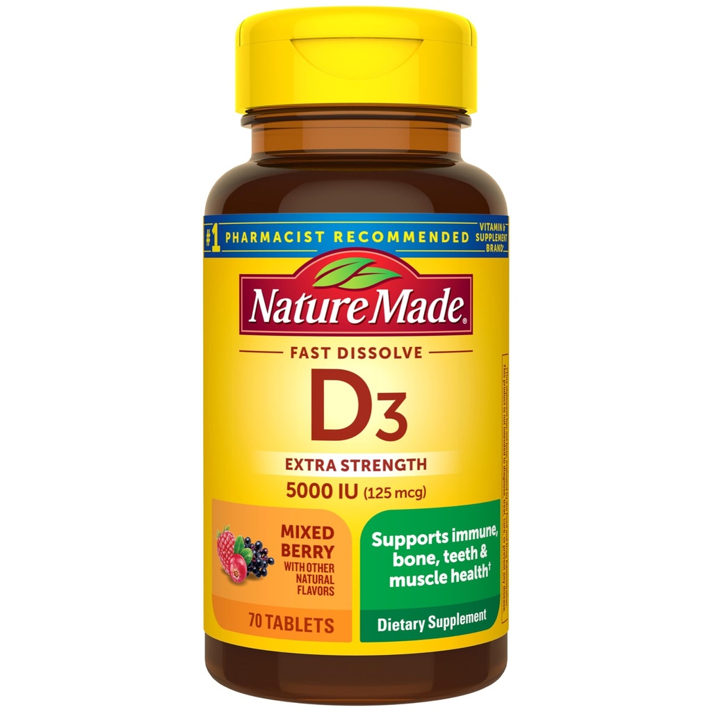 Prírodný vitamín D3 5000 IU (125 μg) Extra sila, vitamín D doplnok pre imunitnú podporu, 70 tabliet bez cukru, 70 denných zásob