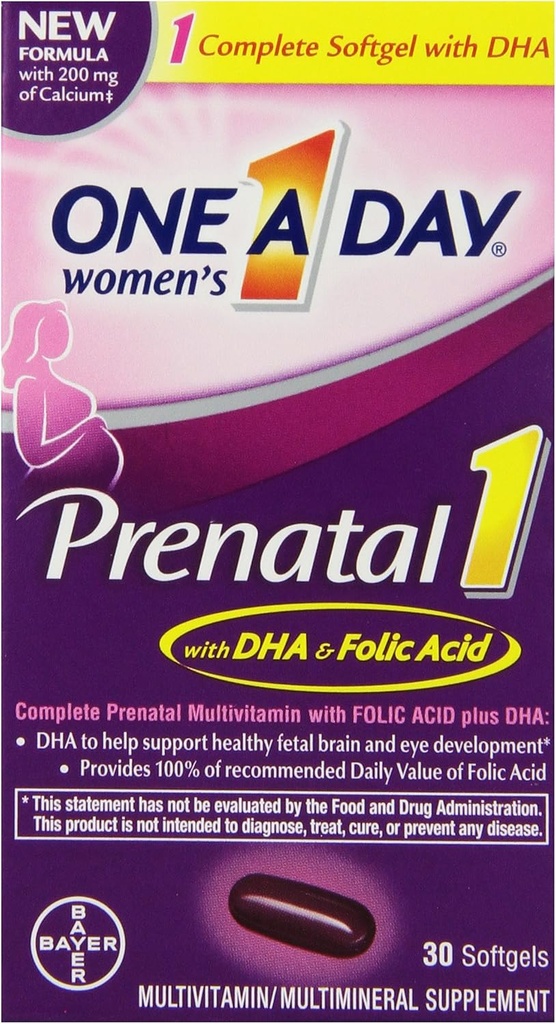 Jeden deň prenatálny multivitamín pre ženy 1, doplnok pre pred, počas a po tehotenstve, vrátane vitamínov A, C, D, E, B6, B12 a Omega-3 DHA, 30 počet