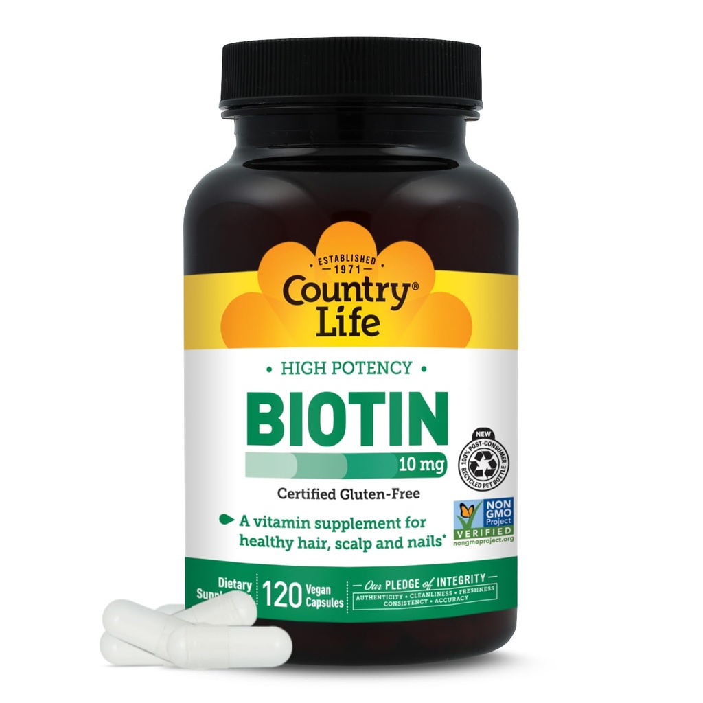 Country Life High-Potency Biotin 10mg - Vegan & Gluten-Free Biotin Supplement for Skin & Nails, Energy Metabolizmus - Biotin 10000mcg Kapsule