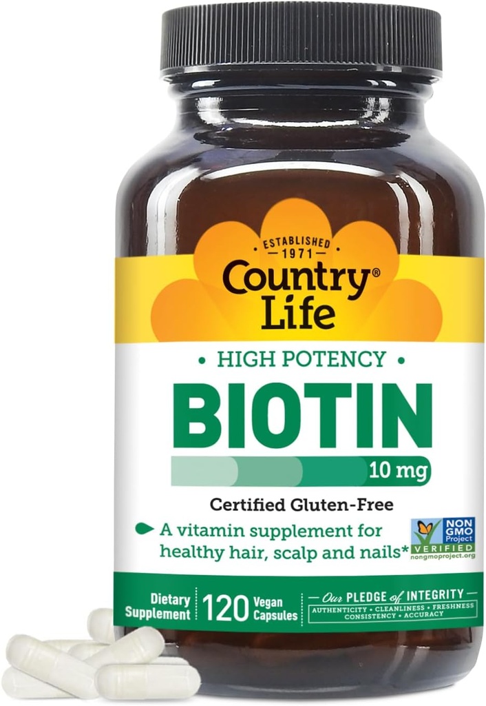 Country Life High-Potency Biotin 10mg - Vegan & Gluten-Free Biotin Supplement for Skin & Nails, Energy Metabolizmus - Biotin 10000mcg Kapsule