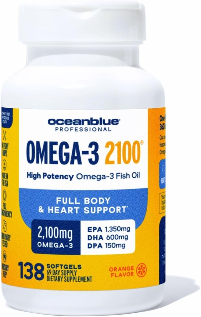 Oceanblue Professional Triple Strength Omega DPA Fish Oil Supplements 2100mg, High Potency EPA DHA, Wild Caught, Burpless, 69 Servings (138 gróf Natural Orange Flavor)