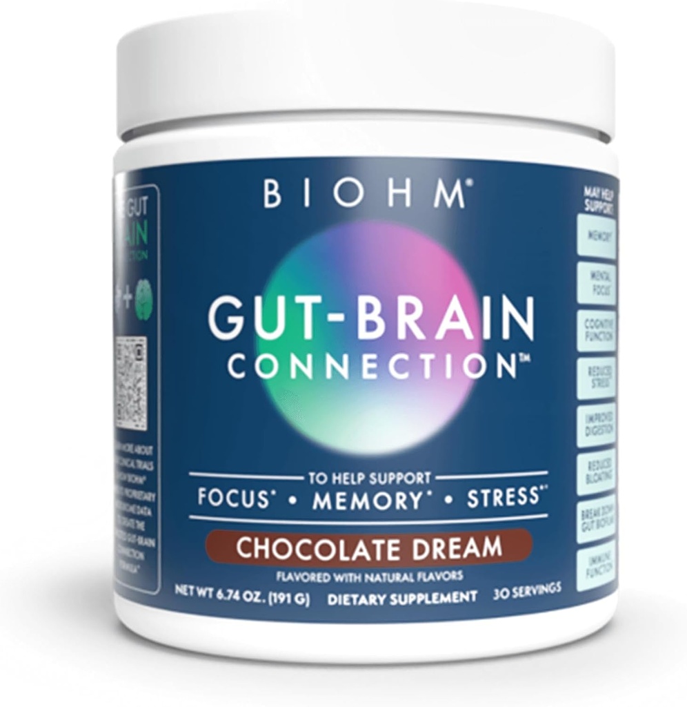 BIOHM Gut-Brain Connection Memory & Focus Supplement (6.74 Oz, 30 Servings) podporuje zdravie Gut & Cognitive Well-Being, pomáha zlepšiť náladu, probiotiká, Lion's Mane & Bacopa Monneiri, čokoládová chuť