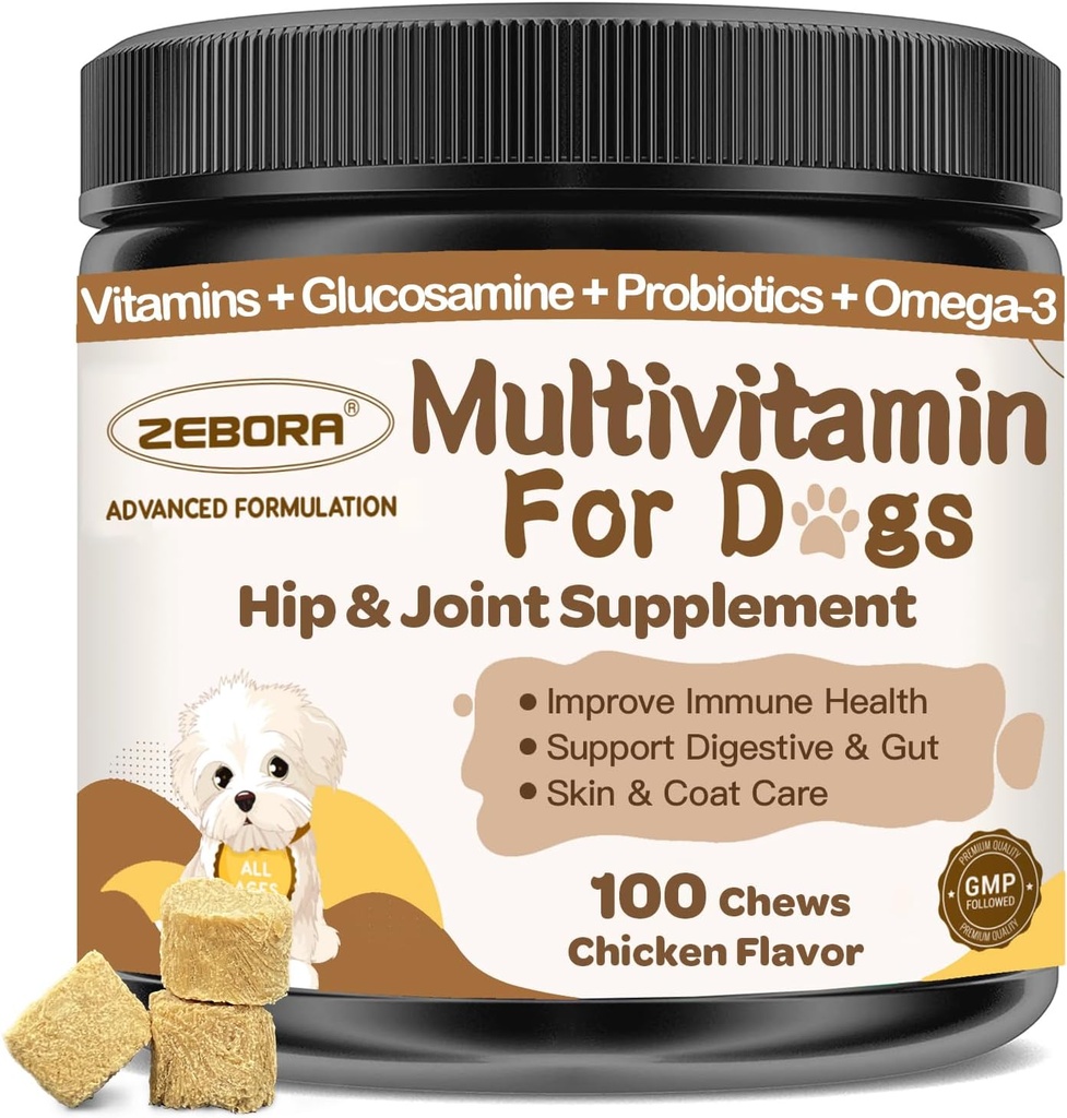 Pes Multivitamín s minerálmi pre celkové zdravie - Psie vitamíny a doplnky s glukozamínom, Probiotiká pre Puppy & Senior Psy s minerálmi - Omega 3 Rybí olej pre kožu & Coat - 100 Žuvačky
