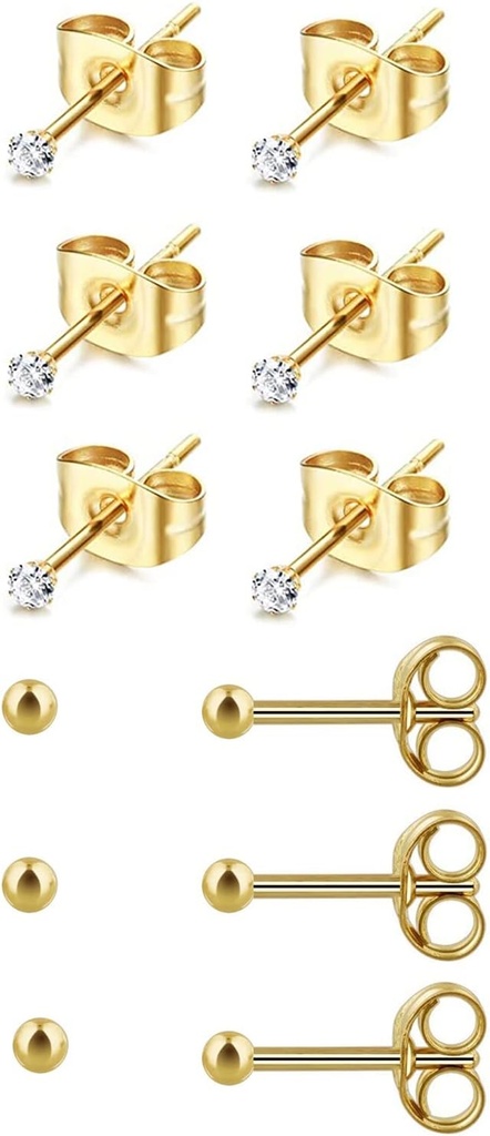 6Pairs 2mm/3mm Operačná oceľ Hypoalergénna piercing Studs, 20G 14K Real Gold filled Tiny Stud Náušnice Set pre viac diery piercing (Cubic Zirconia, Pearl, Ball)