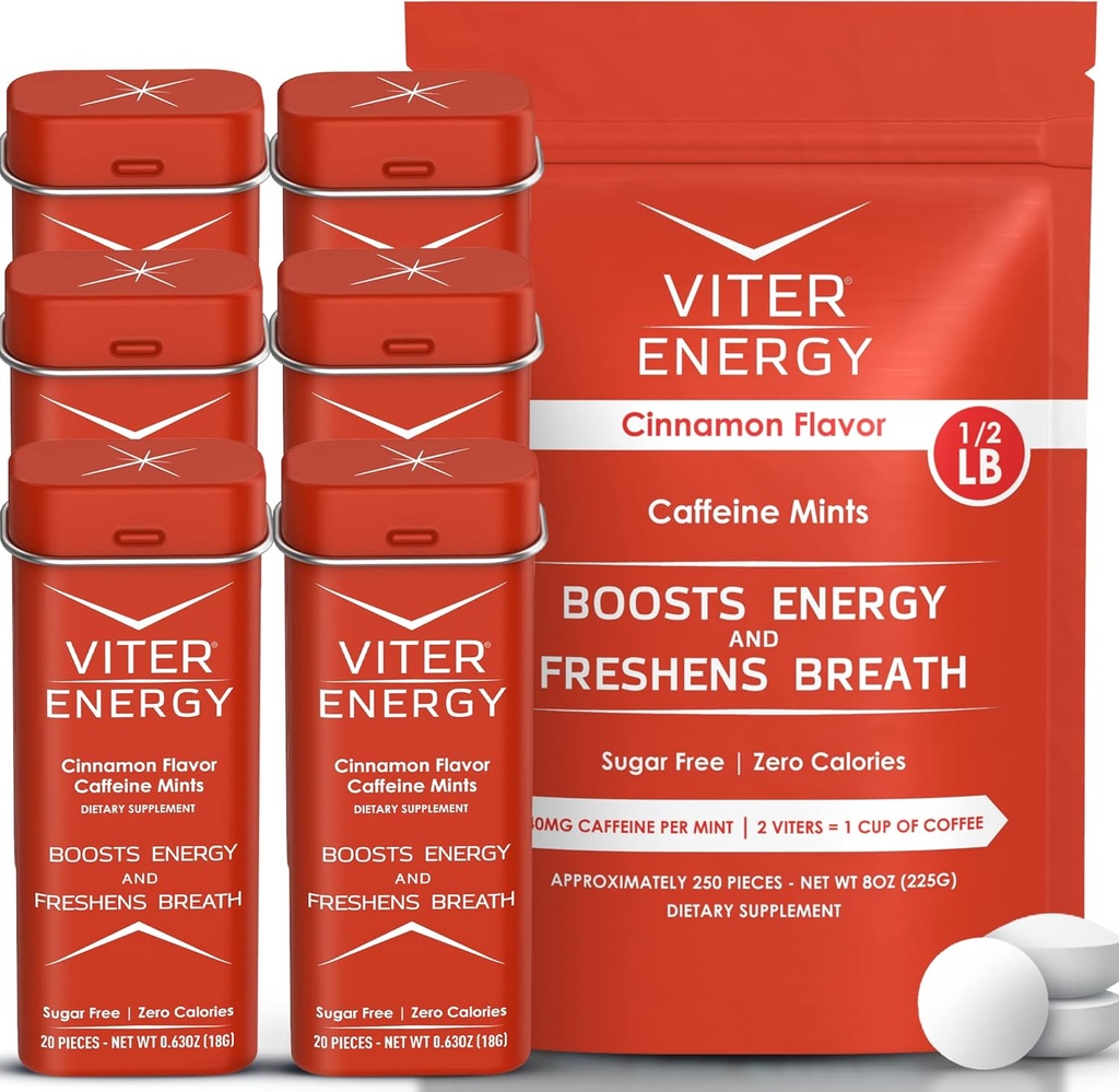 Viter Energy Original Caffeine Mints Škorica chuť 6 Balenie a 1/2 libra hromadná taška Bundle - 40mg kofeín, B vitamíny, bez cukru, Vegan, Výkonný Energy Booster pre zaostrovanie a bdelosť