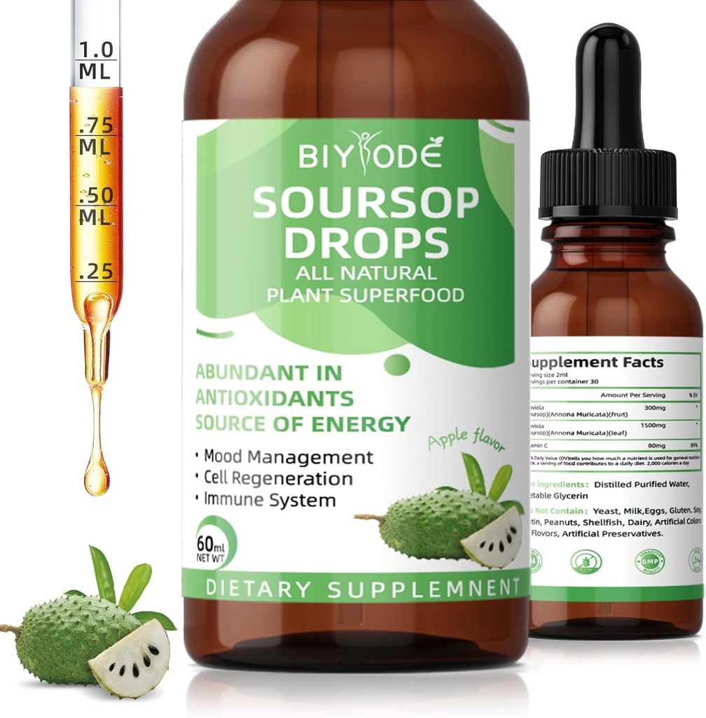 Soursop Graviola Liquid Drops: 1800mg Premium Antioxidant Podpora imunitného zdravia Digestion Relaxácia Spánok Vegan Gluten Free Sugar Free 1 Fl Oz 30 Day Supply
