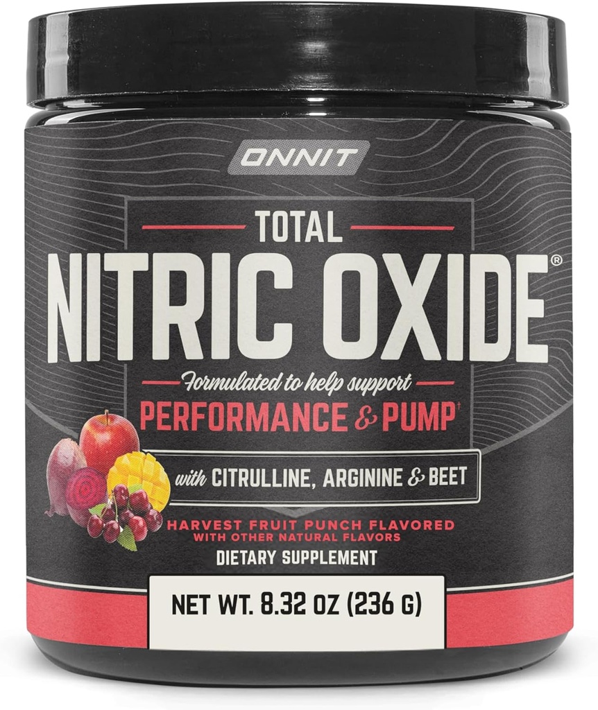 ONNIT Total Nitric Oxide Performance Powder, IGENTM Non-GMO testované, Ovocie Punch chuť, kofeín bez stravy doplnok na podporu rastu svalov s NO3-T Arginín Nitrate, 20 Servisov