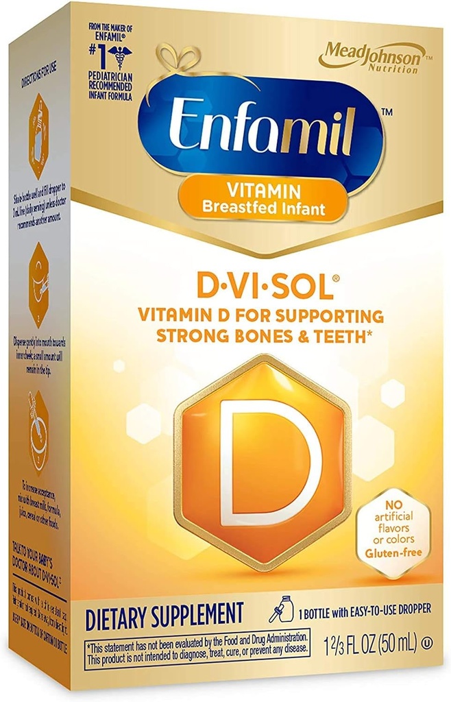 Enfamil D-Vi-Sol vitamín D kvapky pre dojčatá, podporuje silné kosti a zuby, bezlepkové, jednoduché použitie Dropper fľašu 50 ml