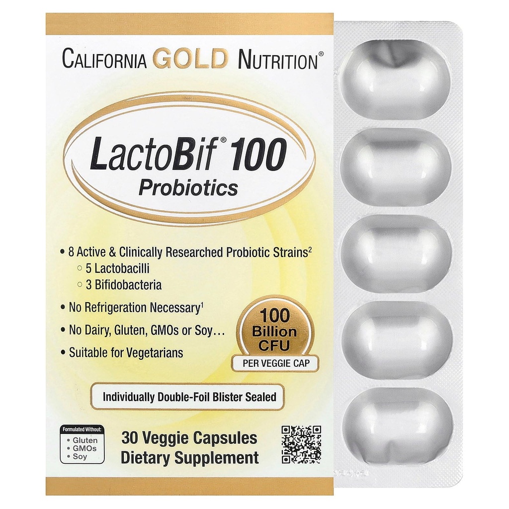 California Gold Nutrition LactoBif Probiotiká, 100 Blion CFU, 8 Aktívne a klinicky skúmané probiotické kmene, bez cukru, vegetariánska, Individuálne obojstranne uzavreté blistre, 30 Veggie Kapsule