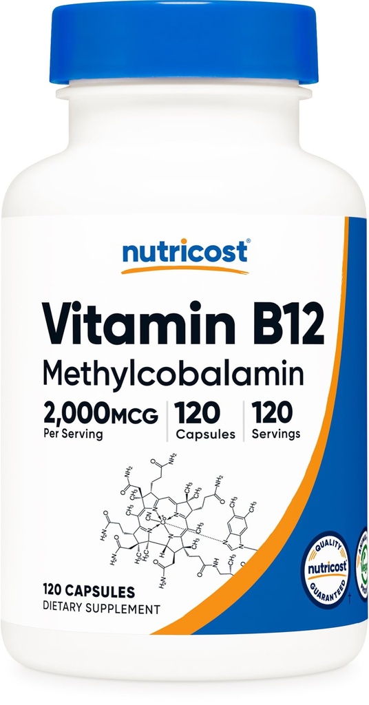 Nutricost vitamín B12 (metylkobalamín) 2000mcg, 120 kapsúl - Vegetariánske viečka, non-GMO, bezlepkové B12 doplnok
