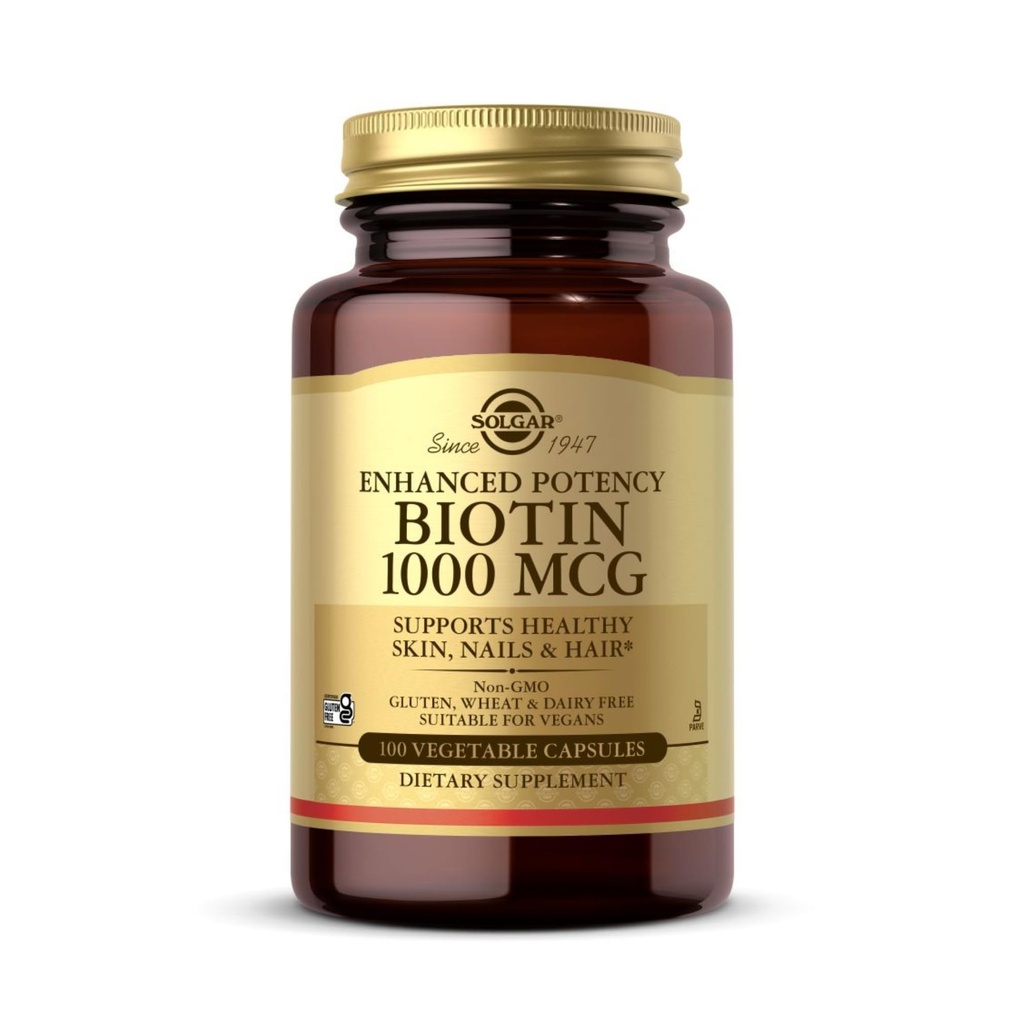 Solgar Biotin 1000 mcg - 100 Rastlinné kapsule - podporuje zdravú pokožku, nechty a vlasy - Non-GMO, Vegan, Gluten Free, Dairy Free, Kosher - 100 Serviv