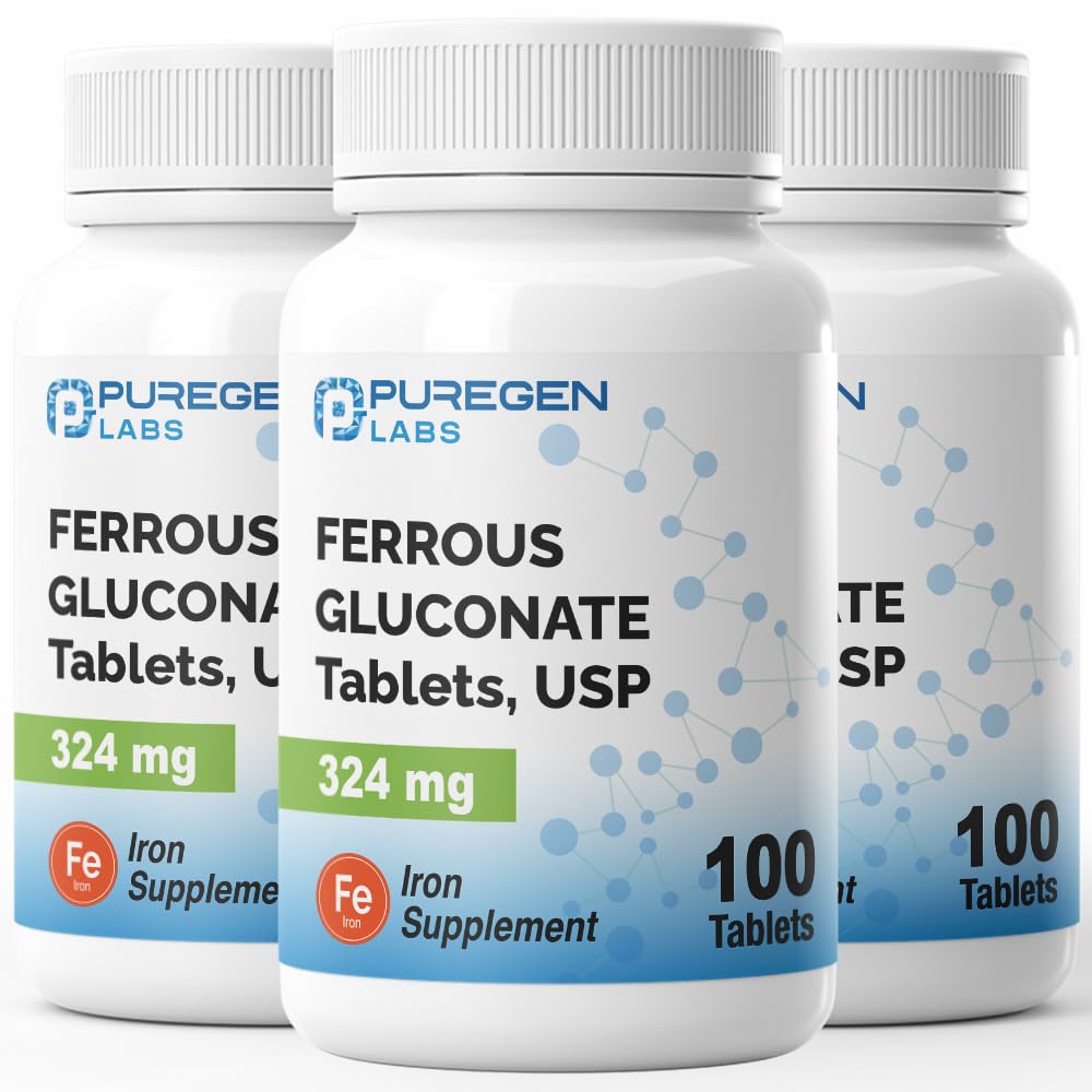 Puregen Labs Ferrous Glukonát 324 mg [Vysoká potencia] Železo Supplement, jemne na bruchu 3 balenie - 300 tabliet Celkom