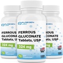 Puregen Labs Ferrous Glukonát 324 mg [Vysoká potencia] Železo Supplement, jemne na bruchu 3 balenie - 300 tabliet Celkom