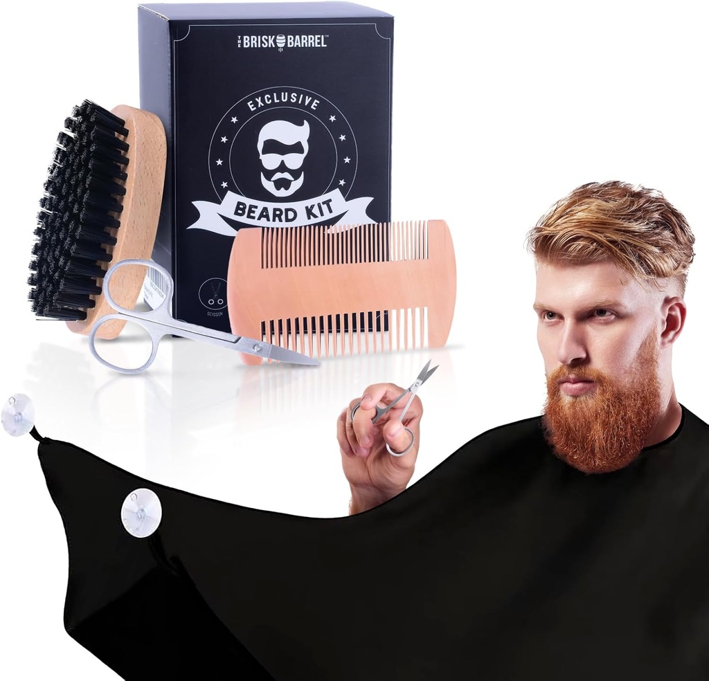 Brada grooming Súprava pre mužov 4 v 1. Brada kefka a Comb Set s Messy Free Bib Apron, fúzy nožnice. Prírodná kefka a dvojaká kombinácia. Mužské úpravy. Dar pre manžela,