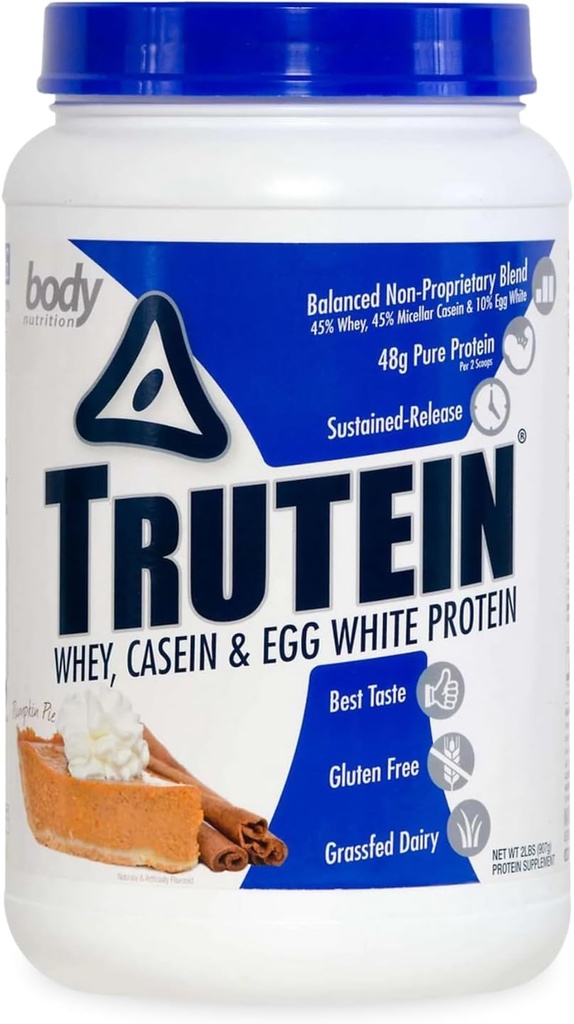 Telová výživa Trutein prášok s vysokým obsahom bielkovín: 45% srsť, 45% Casein, 10% Vaječná bielka, bez lepidla, nízky sodík, tráva Fed Srvátka Proteín prášok, Gym Supplement & Breakfast Shake, Pumpkin Pie, 2lb
