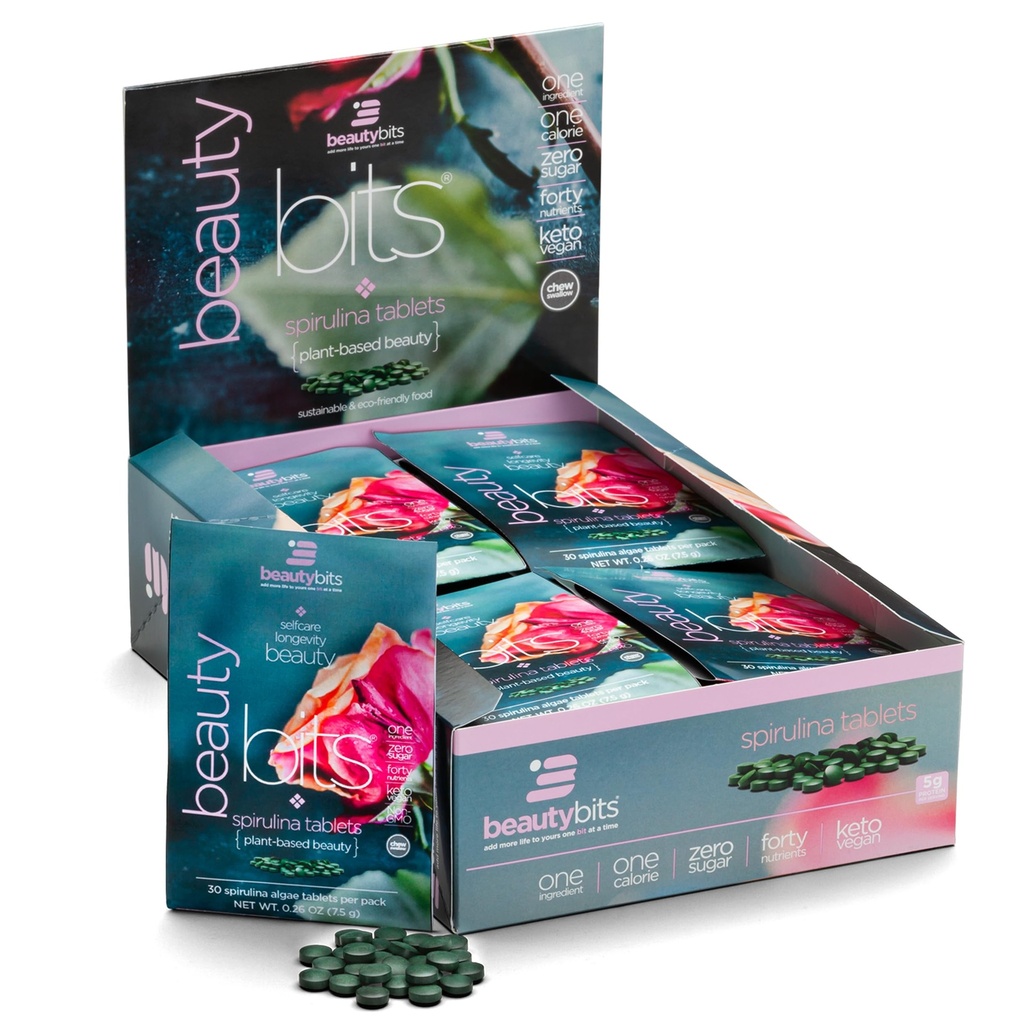 BEAUTYbits - Organic Spirulina Tablety - Algae Superfood - Kolagén, Proteín, Chlorofyl - vlasy, nechty, & Starostlivosť o pleť - Vegan, Keto, Gluten Free - Self Care - Skincare Beauty - 30 Vreciek, 900 tabliet