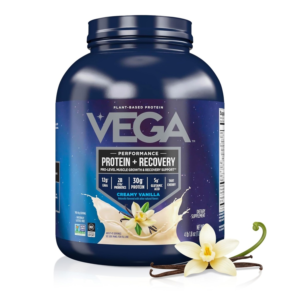 Vega Sport Vegan Protein Powder + Recovery - 30g Plant Based Protein per Serving, Vanilla, 45 Servings, 5g BCAA, Probiotiká, NSF Certified, For Shakes & Smoothies, 4.1lbs (Backaging May Vary)