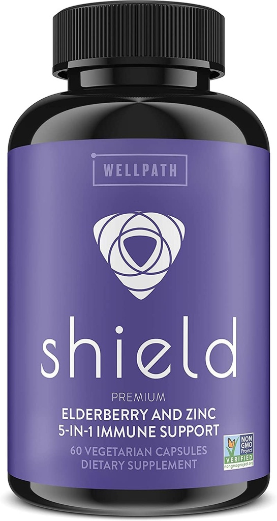 WellPath štít bazové kapsule - 5-v-1 Imunitná podpora Posilňovač so zinkom, vitamínom C, Echinacea, včela Propolis - Premium Zinok Supplement - 600 mg Sambucus Black Elderberry Pills pre dospelých - 60 Ct