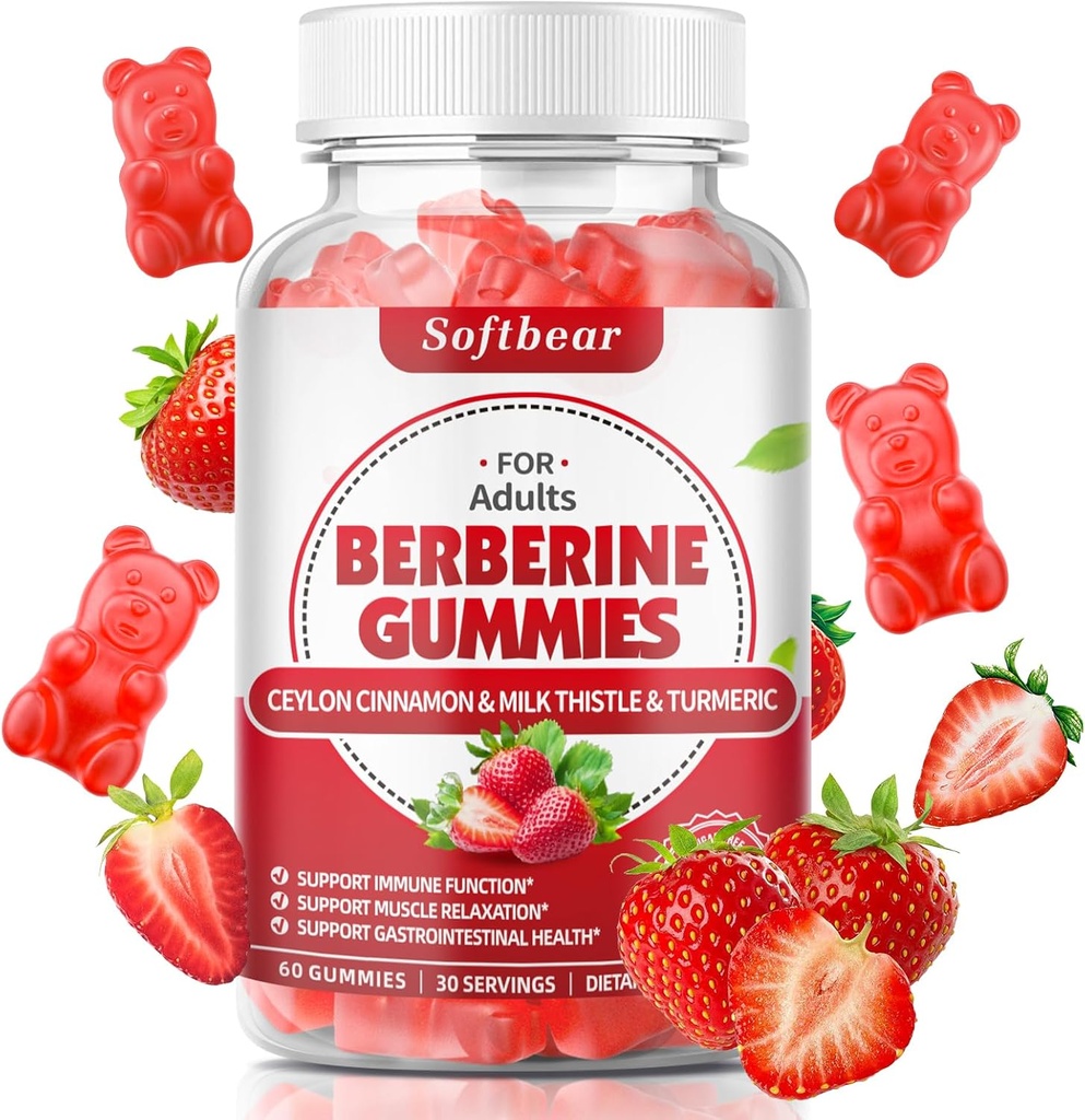 softbear Berberine s cejlónskou škorica Gummy Organické Berberine HCL 1500mg pre metabolizmus Immune zdravie Bez cukru Berberine Doplnky Jahodovo ochutený 60 Počet