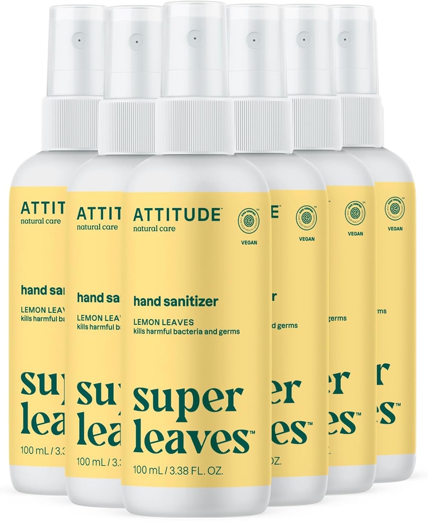 ATTITUDE Ručný sprej pre dospelých a deti, EWG Overené, zabíja baktérie a klíčky, Vegan, citrónové listy, 3.38 Fl Oz (Spray Bottle) (Stock of 6)