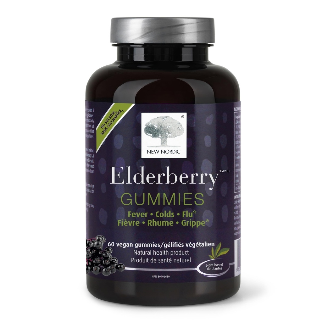 NOVÉ NORDIC Elderberry Vegan Gummy, bez cukru Žuvacie Imunitná podpora s vitamínom C pre dospelých a deti 4+, Žiadne umelé farby alebo príchute, 60 Počet (Pack of 1)