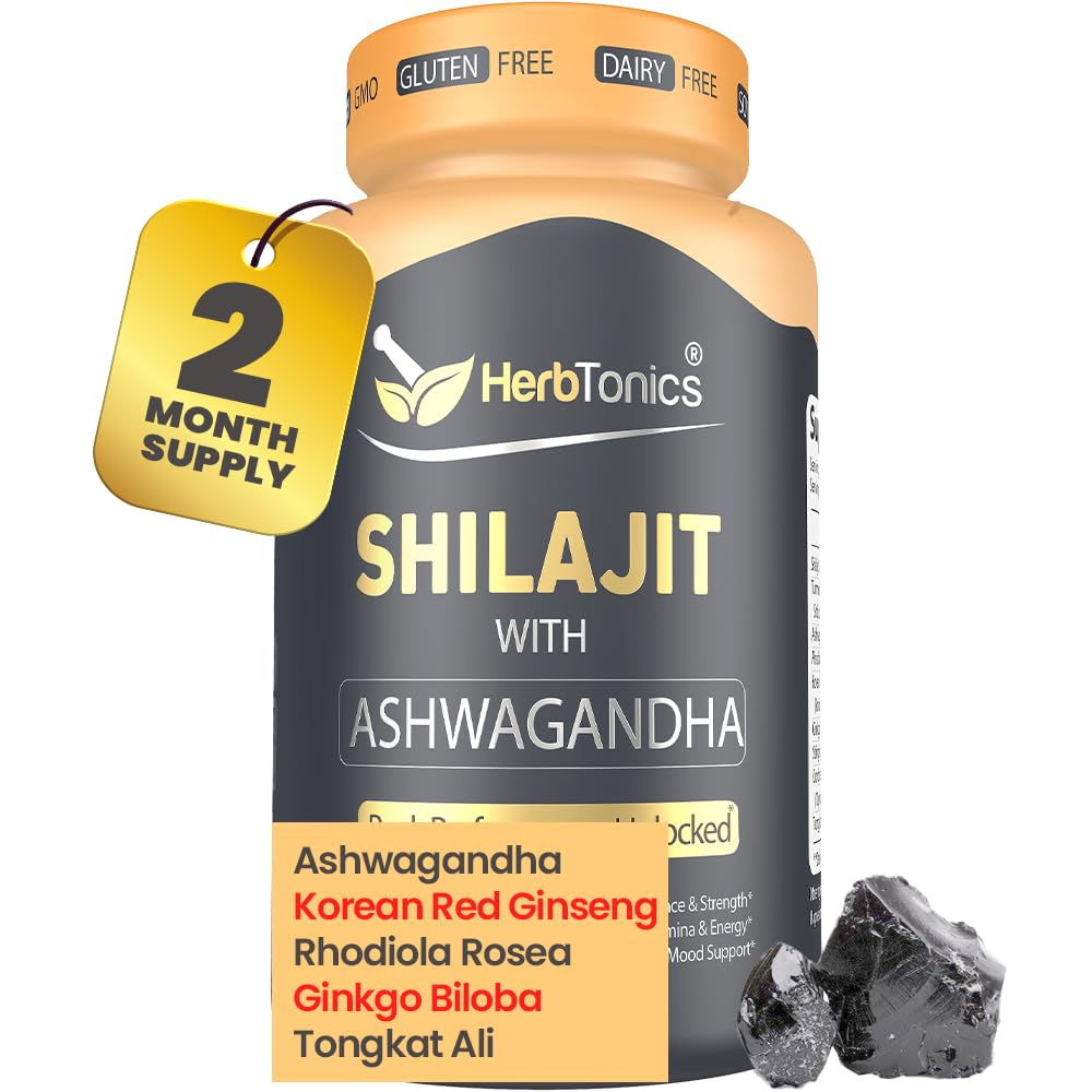 Herbonics Shilajit for Men & Women with Ashwagandha, Korean Red Ginseng, Rhodiola Rosea, Ginkgo Biloba, Tongkat Ali 