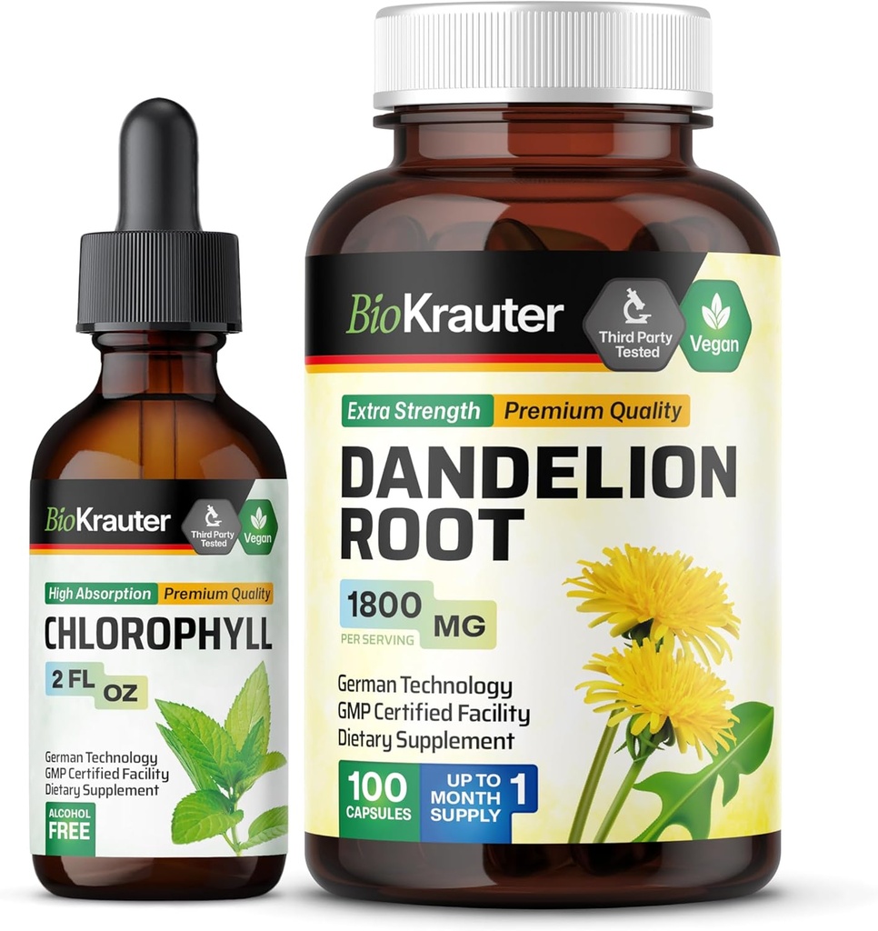 BIO KRAUTER Chlorofyl Tinktúra 2 Fl. Oz. a púpava 100 kapsúl