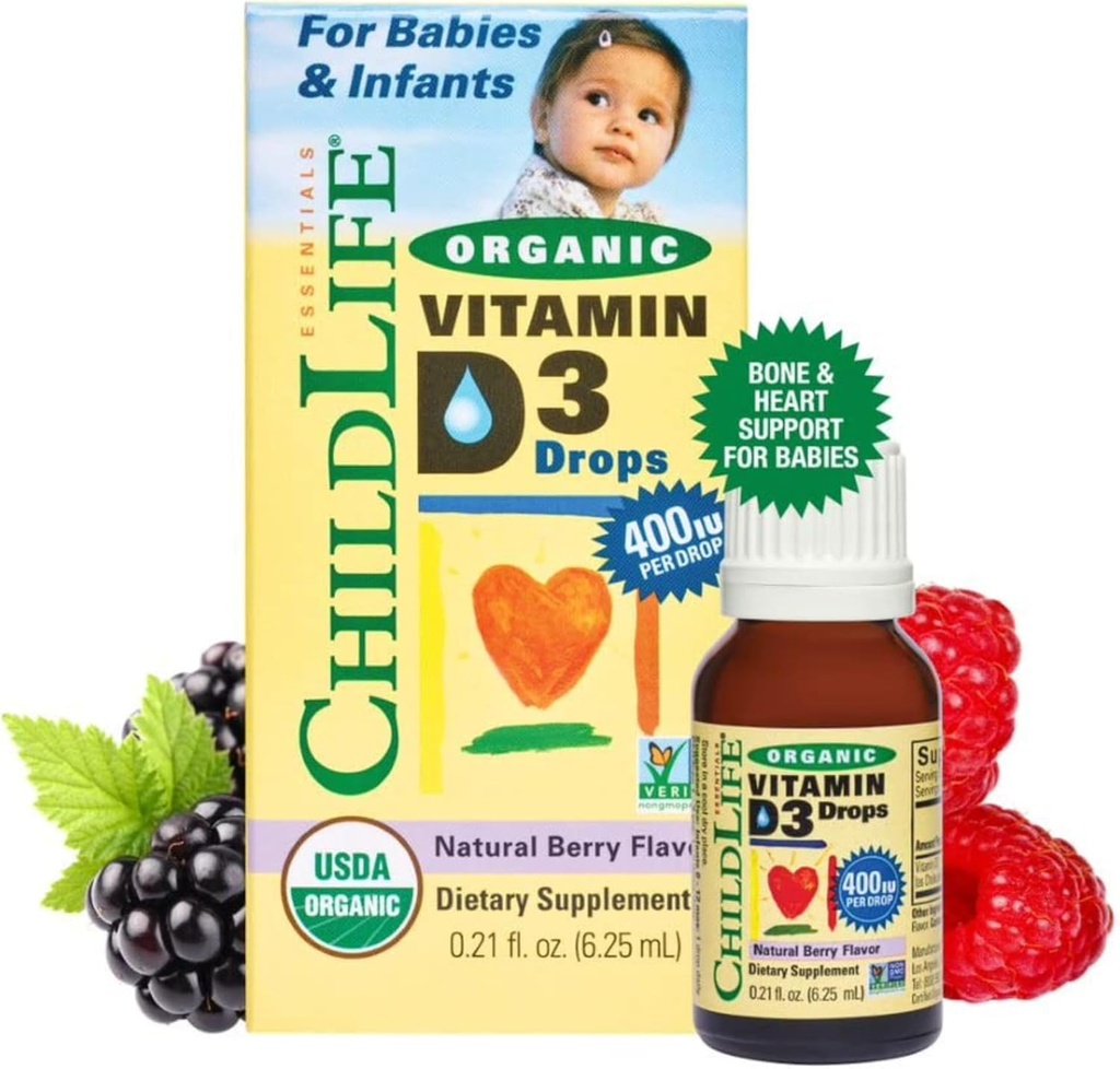 CHILDLIFE ESSIENTS Organic Vitamín D3 kvapky - vitamín D kvapky pre dojčatá a dojčatá, 400 IU per Drop, All-Natural, USDA Organic, non-GMO, Kosher, Gluten-free - Natural Berry Flavor, 0.21 Fl Oz