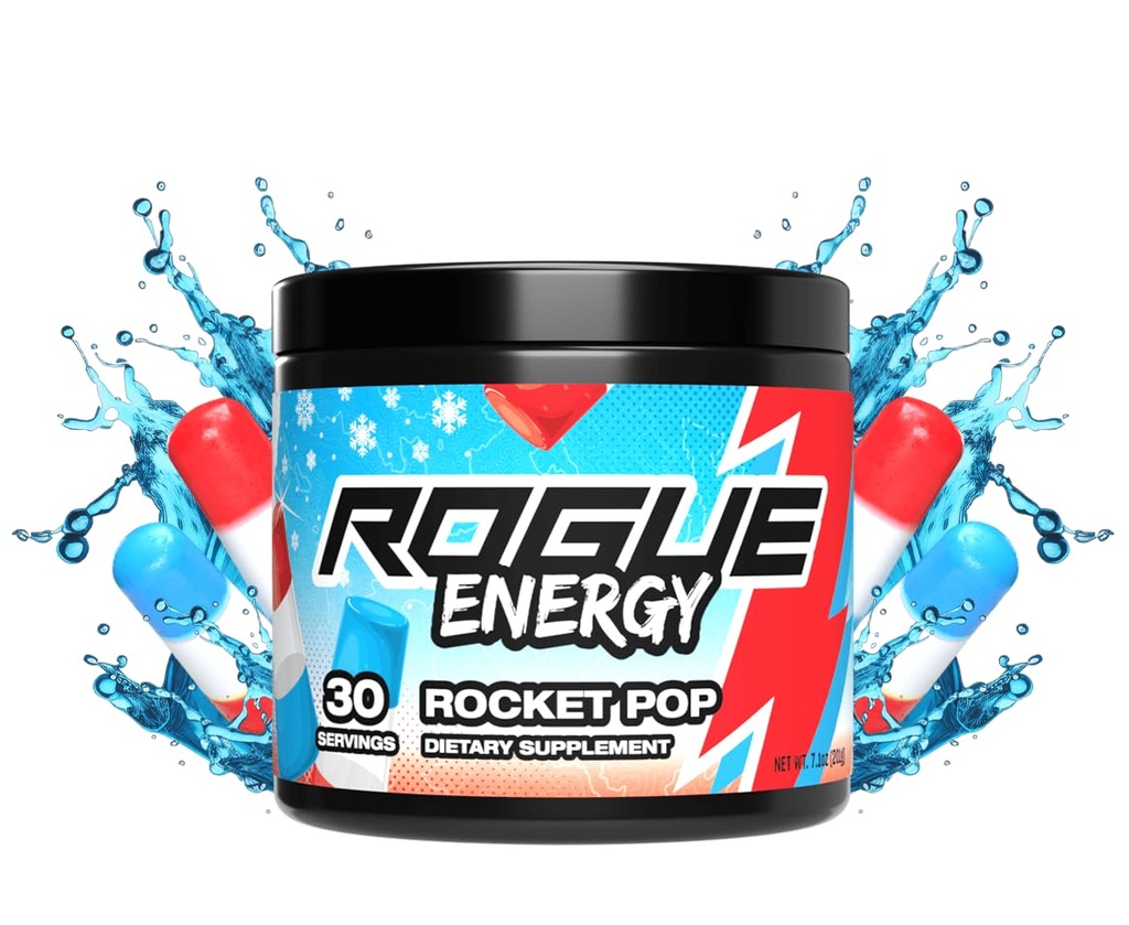 Rogue Energy Drink Powder for Long Gaming Hurs - Energy Powder for Mental Focus - Cukor a Gluten Free - Herný doplnok s kofeínom a vitamínmi - vyrobené v USA (Rocket Pop - 30 Servings)