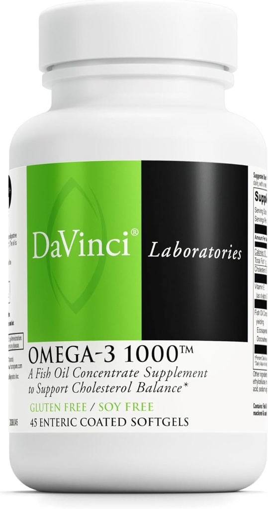 DAVINCI Labs Omega-3 1000 - Diétny doplnok k udržaniu už normálne hladiny cholesterolu a podpory imunitného systému, zdravé vlasy a koža* - bez lepku - 45 enterických obalených mäkkých látok