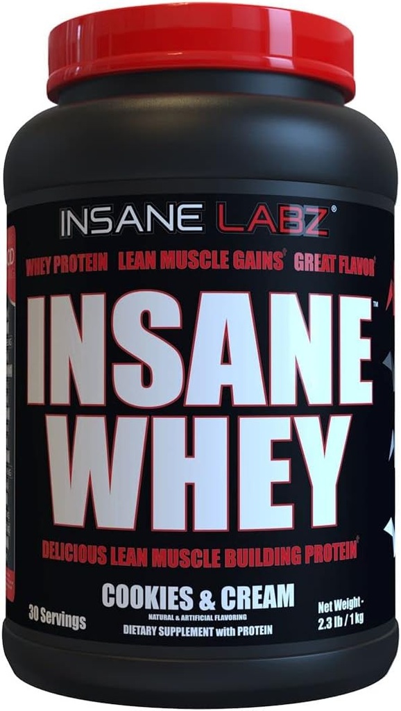 Insane Labz Insane Whey,100% Muscle Building Whey Protein, BCAA Amino Profile, Mass Gainer, Meal Replacement (Cookies & Cream, 30 Servings)