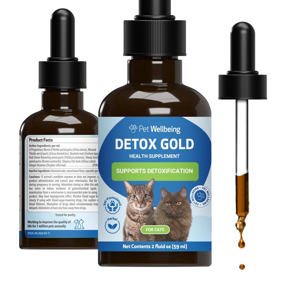 Pet Wellbeing Detox Gold pre mačky - Jemná podpora detoxikácie a eliminácie, Imunitný systém starostlivosti, Nettle, blahoslavený bodliak, Burdock Root - Veterinarian-formulovaný bylinné doplnok 2 oz (59 ml)