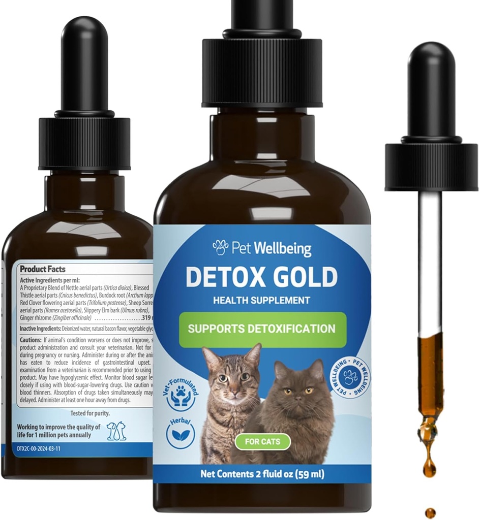 Pet Wellbeing Detox Gold pre mačky - Jemná podpora detoxikácie a eliminácie, Imunitný systém starostlivosti, Nettle, blahoslavený bodliak, Burdock Root - Veterinarian-formulovaný bylinné doplnok 2 oz (59 ml)
