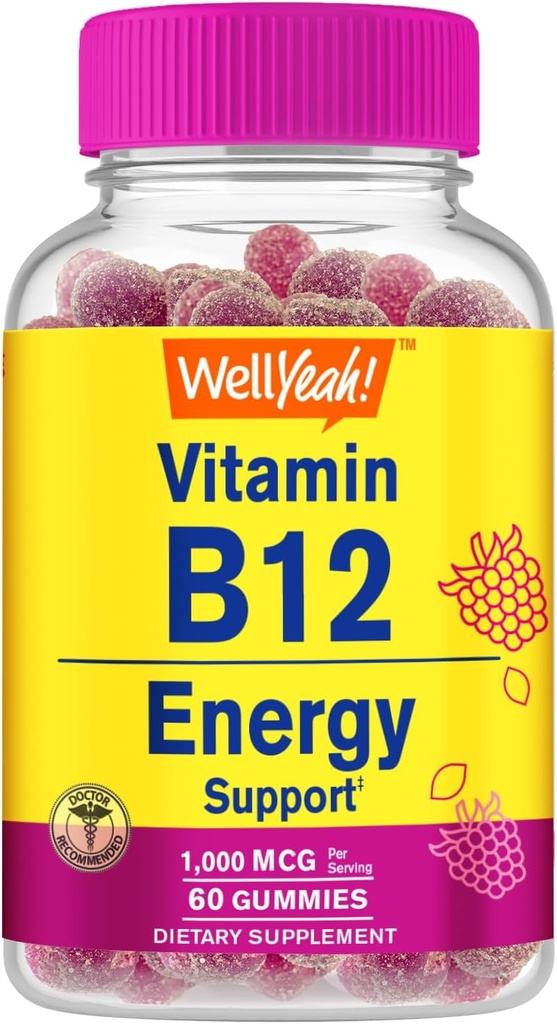 WellYeah Vitamín B12 1000mcg Gummy - pre energiu, náladu, metabolizmus a imunitný systém Podpora - Vegan Friendly a Gluten-free, GMO zadarmo a lekár odporúča - 60 Gumies
