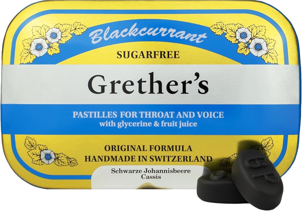 GRETER'S Sugarfree Blackcurrant Pastilles - Natural Dry Mouth Relief - Upokojujúce Hrdlo a zdravý hlas - Darček pre spievajúce - 3.75 oz. 1 Balenie