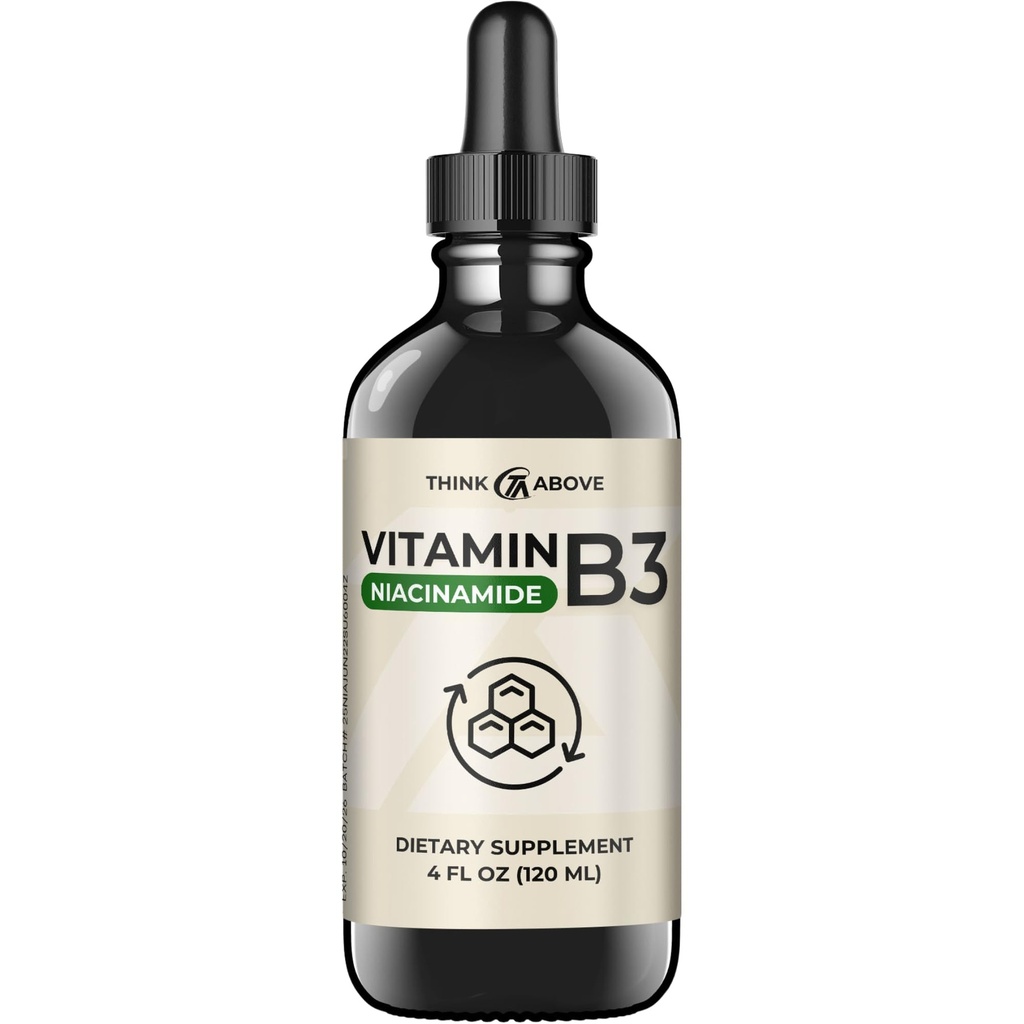 Tekutý vitamín B3 (ako Niacínamid) Doplnok - Non Flush forma niacínu - Rýchla absorpcia -Convenient Niacin kvapky pre ženy a mužov - 4 oz (120ml)