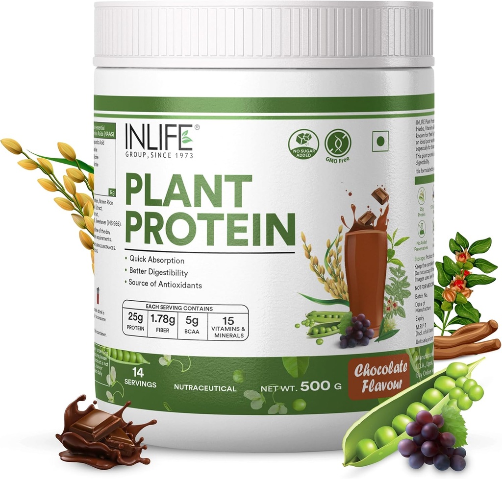 INLIFE Plant Protein Powder - Pea, Quinoa & Brown Rice - 25g Protein - Ashwagandha, Green Tea & Grape Seed Extract - Supplement (500 g, Čokoláda)