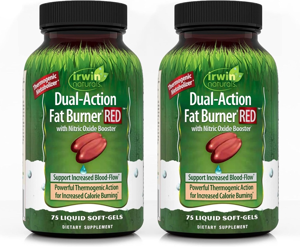 Irwin Naturals Dual-Action Fat Burner RED - 75 Liquid Soft-Gels, Balenie 2 - Výkonný Thermogenický s Posilňovač oxidu dusnatého - 50 Celkové služby