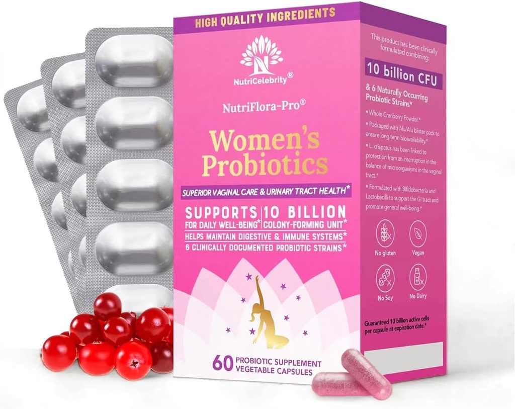 Nutricelebrity NutriFlora-Proprobiotiká pre ženy - Podpora Vaginálne, močové zdravie, imunitný systém Podpora imunitného systému, brusnicové pilulky doplnok, 10 miliárd CFU 6 kmeňov (30 Caps) - 2 balenie