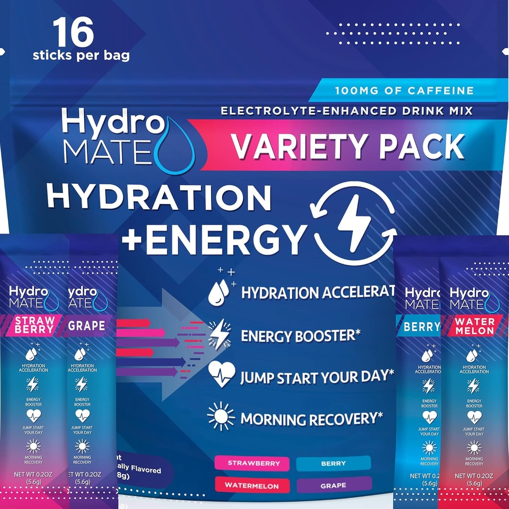 HydroMATE Electrolytes Powder Drink Mix pakety Hydratácia Akcelerátor Low Cugar Party Favors for Rapid Recovery Vitamín C Plus Caffeine Variate Pack 16 Sticks