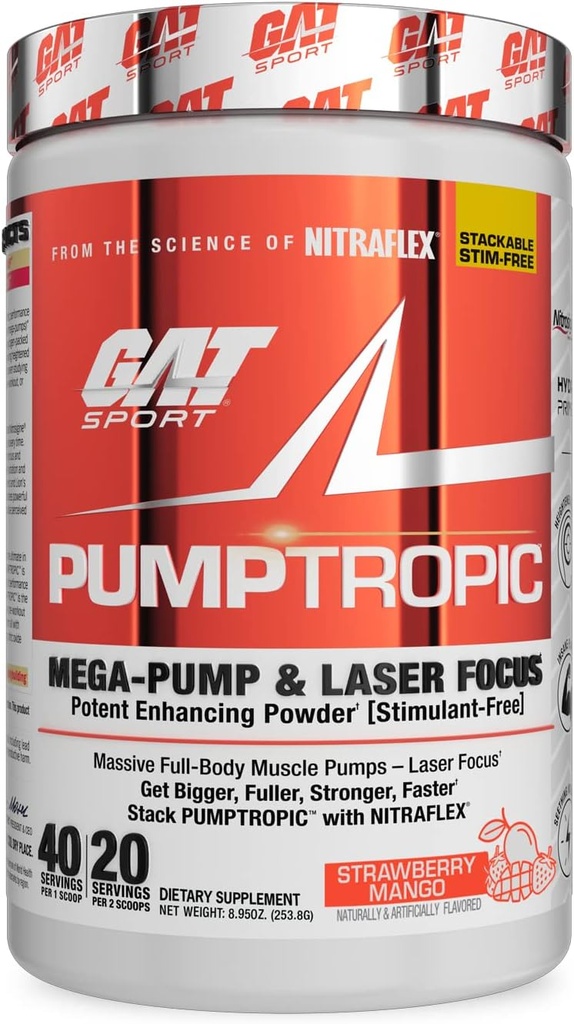 GAT Sport Pumptropic Mega-Pump & Laser Focus Potent Enhanceing Powder (Stimulant-Free), 40 Servings (Jahoda Mango)