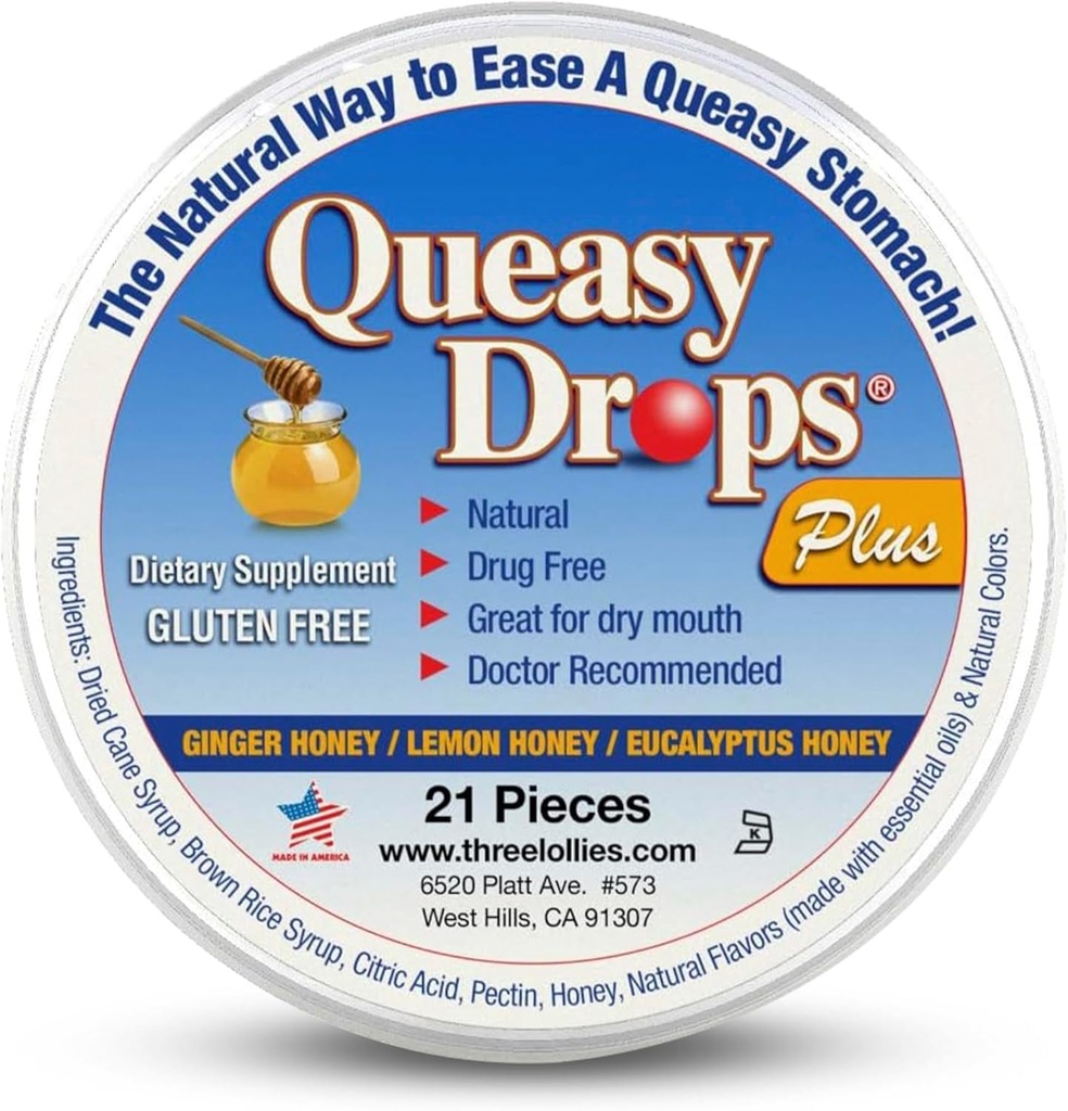 Tri lollies Queasy Drops Plus - Lozenges s pektínom a medom na upokojenie suché ústa - Alleviate Nausea & Motion Choose - Natural - 21