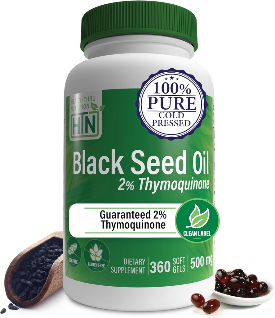 Health Thru Nutrition Black Seed Oil 500mg 360 Softgels | High Potency 2% Thymoquinone | 3rd Party Tested | Pure Cold Pressed | Organically Gown | Non-GMO, Gluten Free, Soy Free