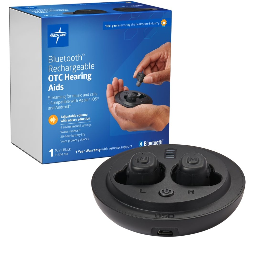 Medline Bluetooth Dobíjateľné OTC sluchové pomôcky, in-The-Ear, 4 Environmental Settings, Water Resistant, Adjustable Volume, mierna až stredne ťažká sluchová strata, zníženie hluku, sluchové pomôcky