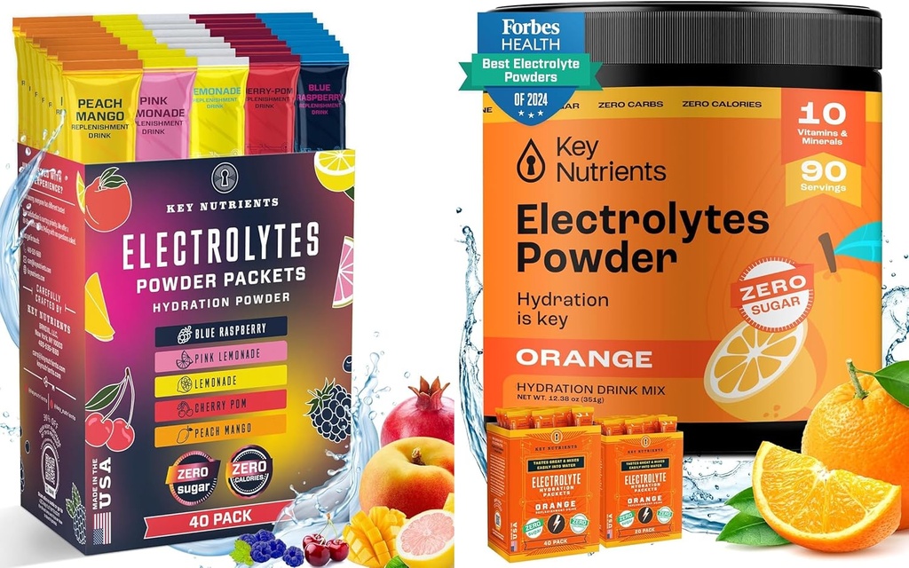 KĽÚČOVÉ NUTRIENTY Ultimate Hydration & Recovery Bundle: 40 balenia Multivitamínové hydratačné balíčky & 90 porcií Tangy Orange Electrolyte prášok - bez cukru, bez lepidla, Keto-Friendly