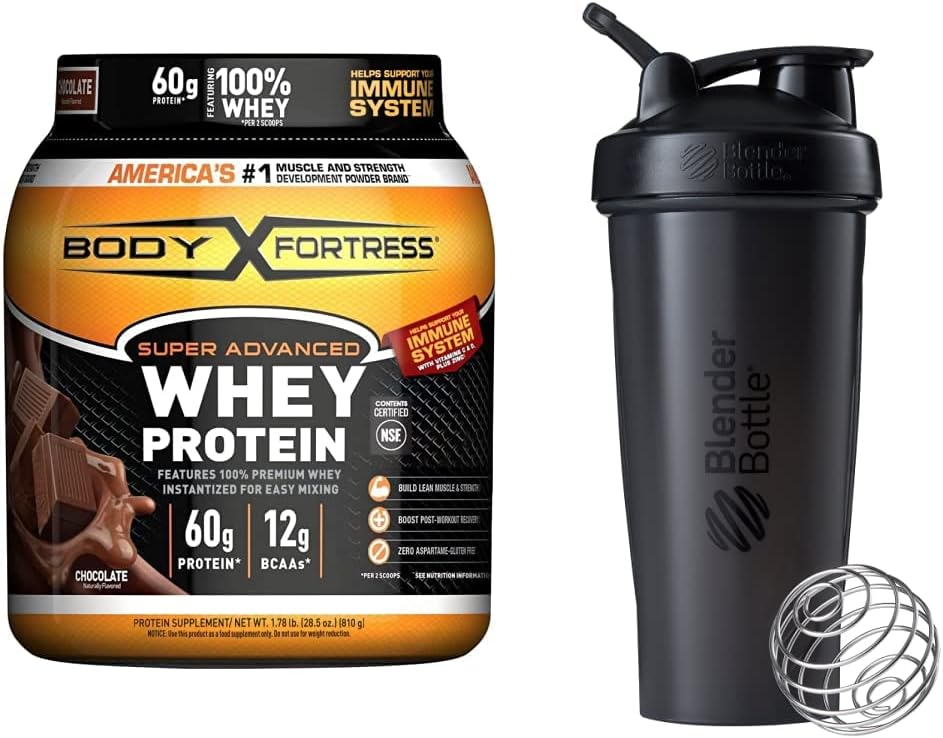 Telová pevnosť Super Advanced Srvátka Proteín prášok, Čokoláda (1,78 libier) a BlenderBottle Classic Shaker fľaša (28 oz), čierna
