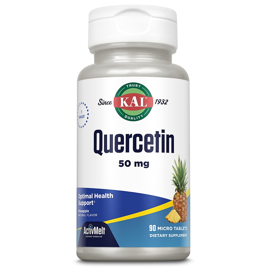 KAL Quercetin ActivMelt, Optimal Health and Wellness Suplement, Bioflavonoidy, Natural Ananás Flavor, 90 Servings, 90 Instant Rozpustiť Micro Tablets