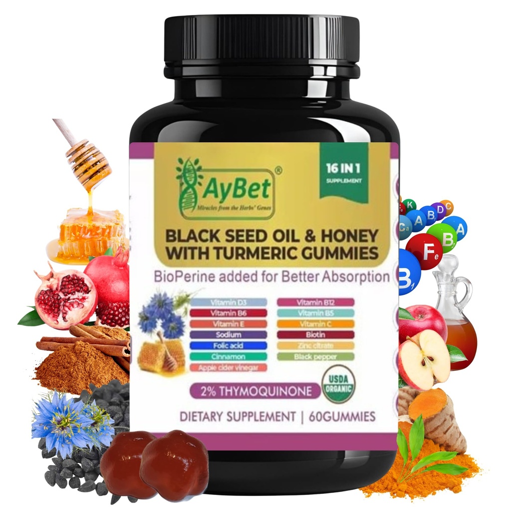 Black Seed Oil & Honey s kurkuma Gummies s BioPerine, Apple Cider Ocogar, Biotin, Zinok a vitamíny C D3 B12 